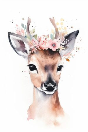 Watercolor portrait of a young deer with a wreath of flowers.の素材