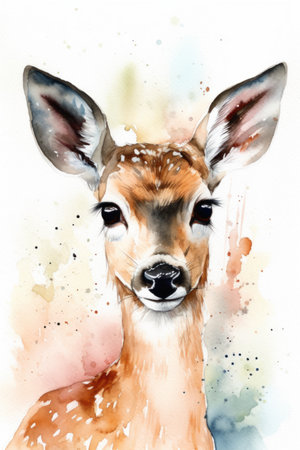 Watercolor portrait of a young deer on a white background with watercolor stainsの素材