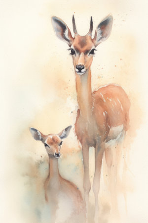 Watercolor painting of a pair of antelope with a baby.の素材
