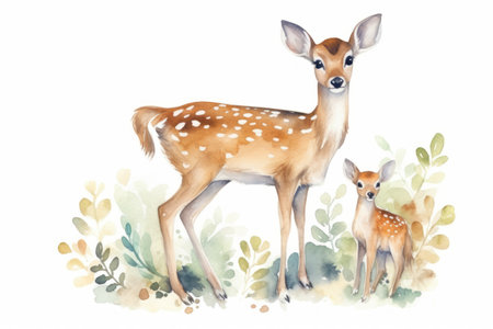 Watercolor illustration of a fawn with a young fawn.の素材