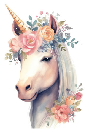 Watercolor portrait of a unicorn with flowers. hand-drawn illustration.の素材