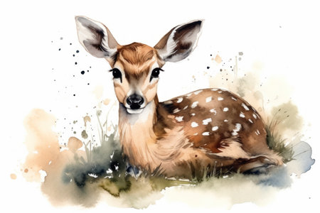 Watercolor painting of a young deer on white background. digital painting.の素材
