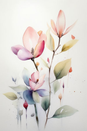 Watercolor painting of magnolia flowers. Hand drawn illustration on paper.の素材