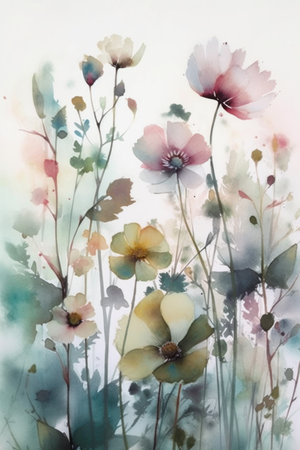 Watercolor illustration of cosmos flowers. Floral background for your designの素材