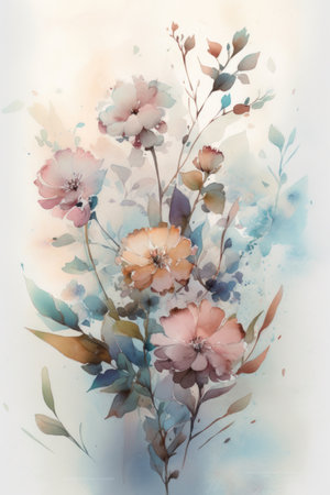 watercolor painting of flowers, on white background, with space for textの素材
