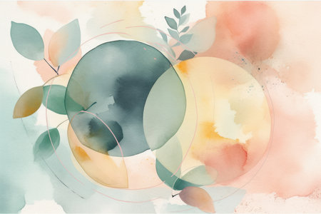Abstract watercolor background with leaves and circles. hand-drawn illustration.の素材