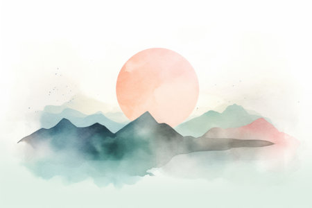 Watercolor landscape with mountains and sun. digital art painting illustration.の素材