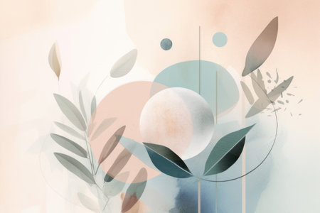 Abstract watercolor background with leaves, circles and geometric shapes. vector illustration.の素材