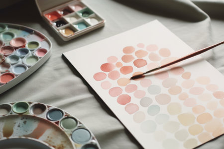 Painting palette with watercolors and brushes on table, closeupの素材
