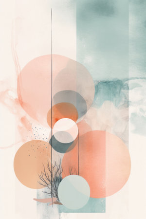 Abstract watercolor background with circles and trees in pastel colors.の素材