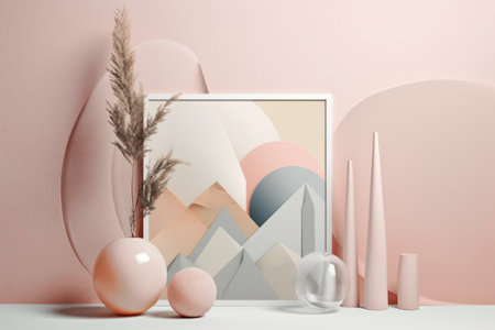 Minimal abstract composition with geometric shapes and pastel colors. 3d renderingの素材