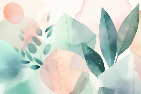 Abstract watercolor background with leaves. Hand drawn illustration for your design.の素材