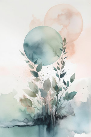 Abstract watercolor background with tree and moon. hand drawn illustration.の素材