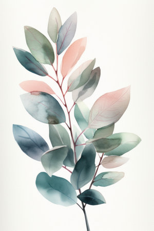 eucalyptus leaves in watercolor style on white backgroundの素材