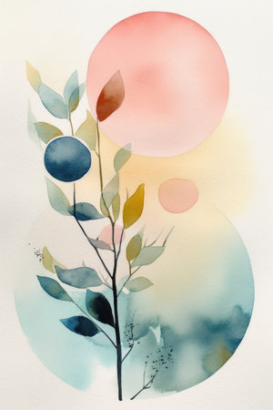 Watercolor illustration of a branch with leaves and sun in the backgroundの素材