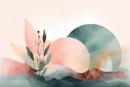 Abstract watercolor background with mountains and plants. digital art painting.の素材