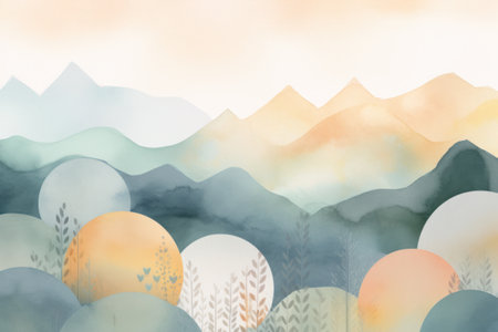 Watercolor landscape with mountains, clouds and sun. vector illustration.の素材