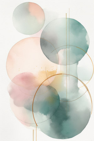 Abstract watercolor background with circles and lines in pastel colors.の素材