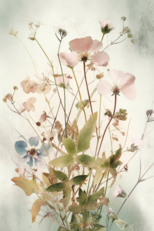 sweet color flowers in soft color and blur style on mulberry paper textureの素材