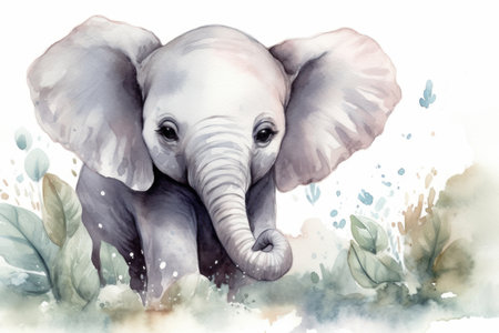 Watercolor illustration of an elephant in the jungle. Cute baby elephant.の素材
