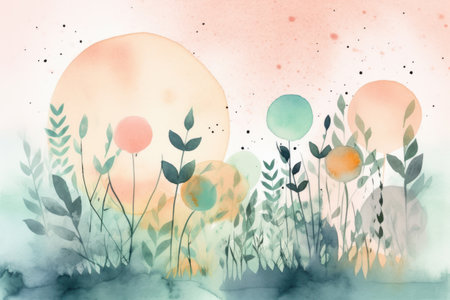 Abstract watercolor background with grass and flowers. hand-drawn illustration.の素材
