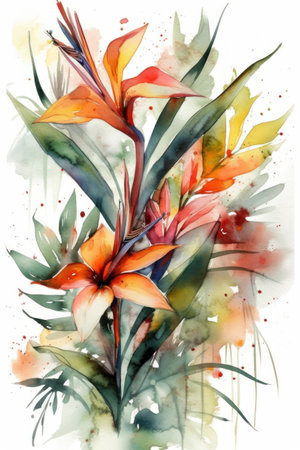 Bouquet of Strelitzia flowers. watercolor illustrationの素材