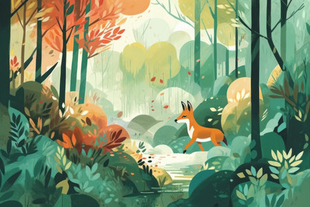 Autumn landscape with forest, river and fox. vector illustration.の素材