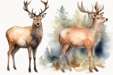 Watercolor illustration of a pair of deer on a white background.の素材