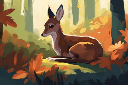 Illustration of a wild red deer sitting in the autumn forest.の素材