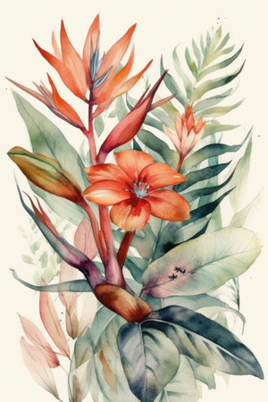 Tropical bouquet with bird of paradise flowers. hand drawn watercolor illustrationの素材