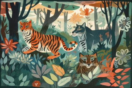 Illustration of a cat and a tiger in the forest. hand-drawn illustration.の素材