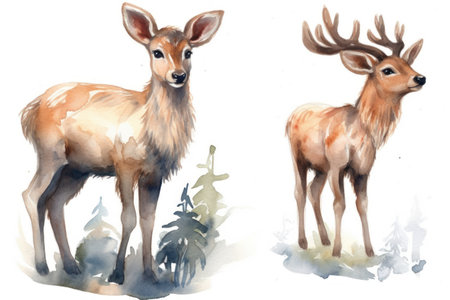 Watercolor illustration of a pair of deer in a forest on a white backgroundの素材