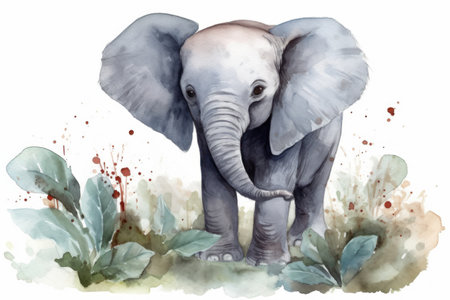 Watercolor illustration of a baby elephant with splashes and splashesの素材