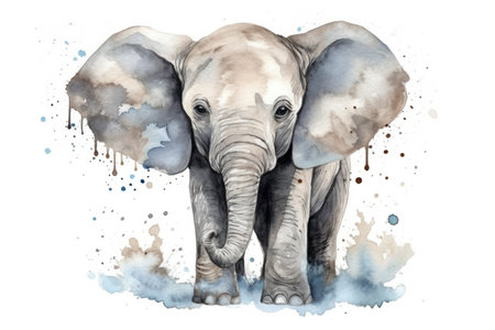 Watercolor illustration of an elephant with splashes on a white backgroundの素材