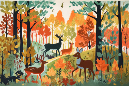 Autumn landscape with forest and deer. colorful vector illustration.の素材