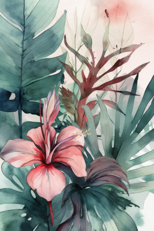 tropical background. Watercolor illustration of hibiscus flowers.の素材
