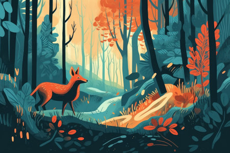 Forest landscape with a red fox in the forest. vector illustration.の素材