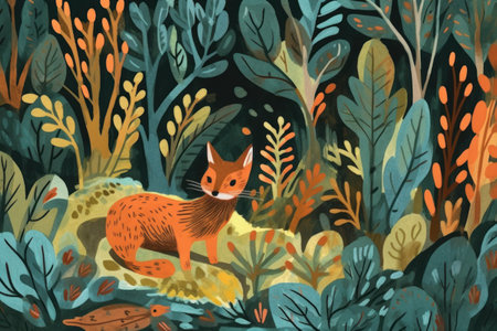 Seamless pattern with fox in the forest. vector illustration.の素材