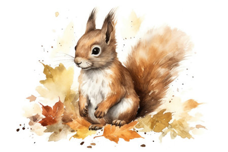 autumn squirrel. Watercolor hand drawn illustration isolated on white backgroundの素材