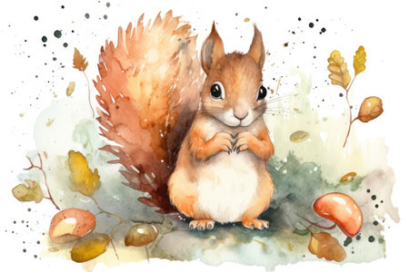 Cute squirrel in autumn forest. Watercolor hand drawn illustration.の素材