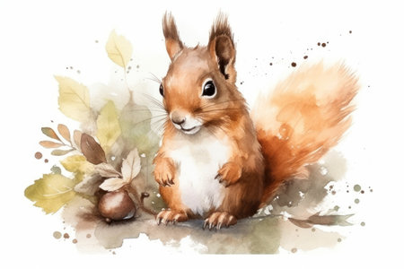 Squirrel with acorns. Watercolor hand drawn illustration, isolated on white backgroundの素材