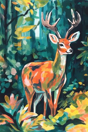 Watercolor painting of a deer in the forest, hand painted illustrationの素材