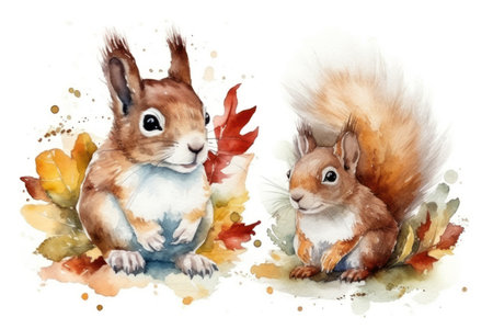 Two cute squirrels sitting in autumn leaves. Watercolor hand drawn illustrationの素材