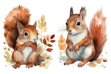 Watercolor squirrel with autumn leaves. Hand drawn illustration isolated on white backgroundの素材