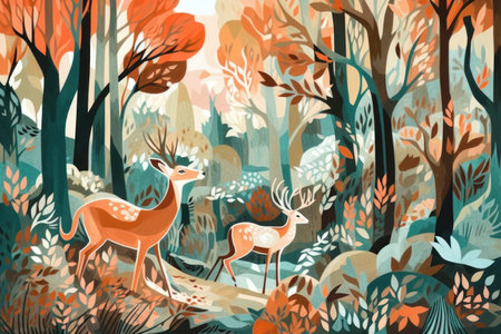 Autumn forest with deer and fawns. vector illustration.の素材