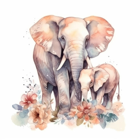 Watercolor elephant with flowers. Hand drawn illustration isolated on white backgroundの素材