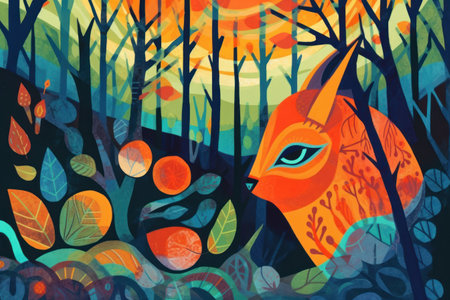 Vector illustration of a fox in the forest. hand drawn image.の素材