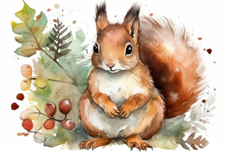 Watercolor squirrel on a white background. Watercolor hand-drawn illustrationの素材