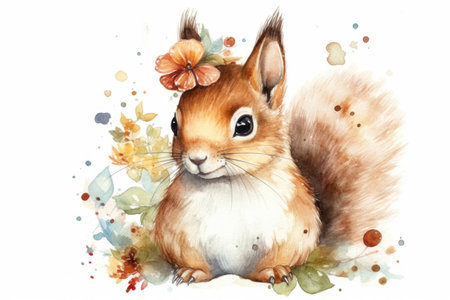 Cute little squirrel with a wreath of flowers. watercolor illustrationの素材