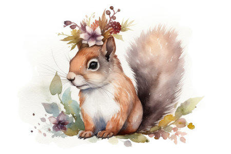 Watercolor squirrel with wreath of flowers. hand painted illustration.の素材